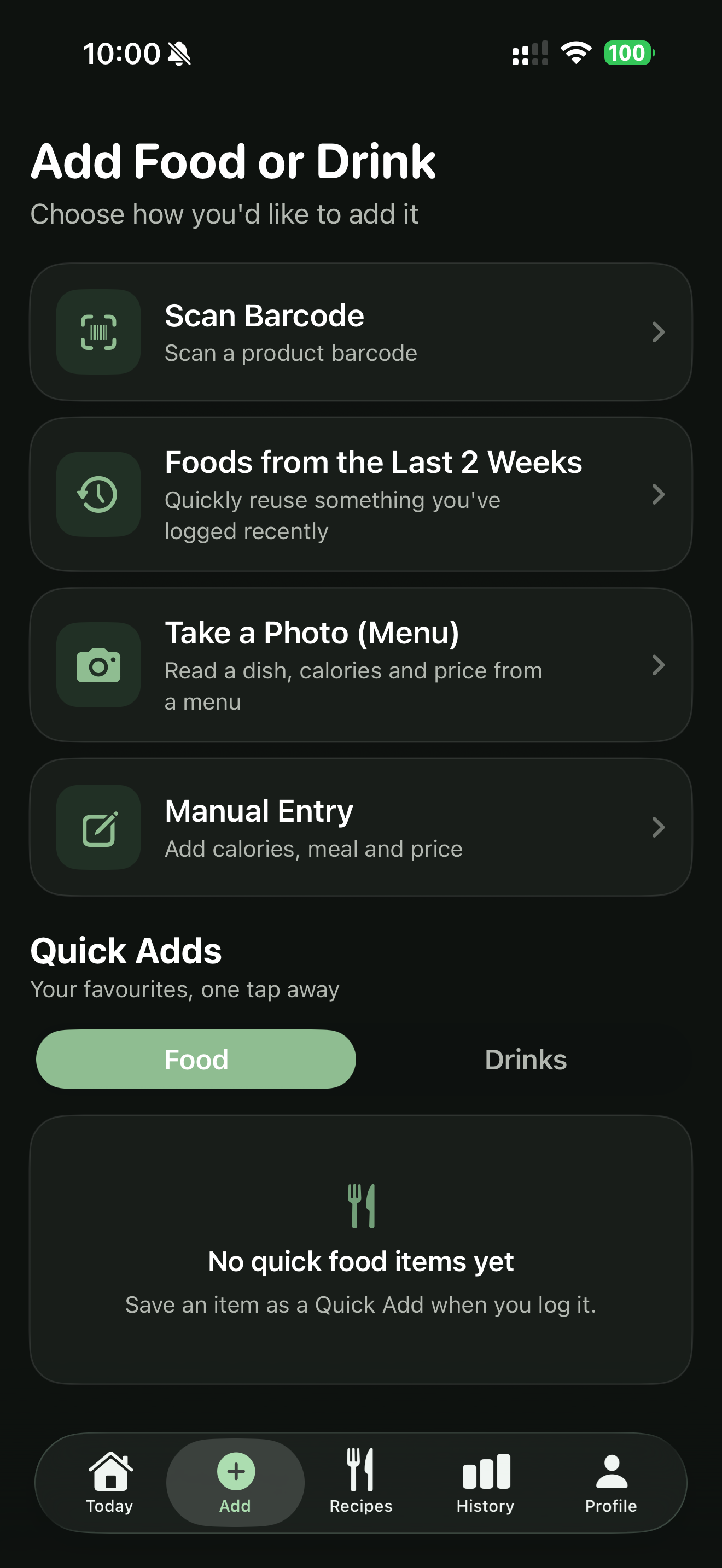 JoSo Add Food screen