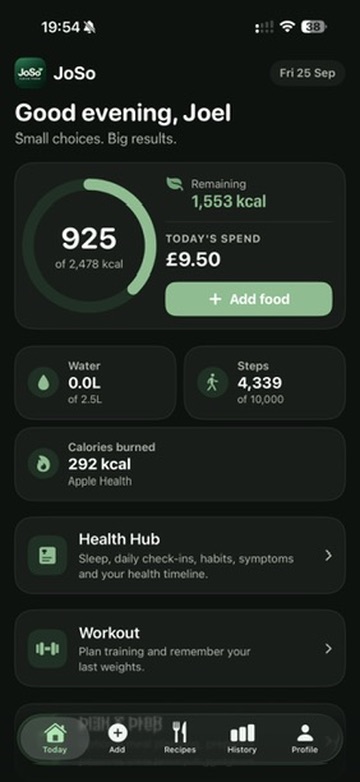 JoSo Today dashboard with nutrition, hydration, activity, Health Hub and Workout