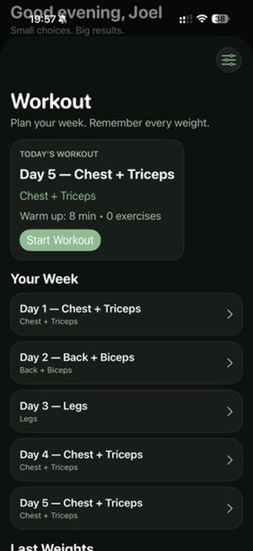 JoSo Workout screen